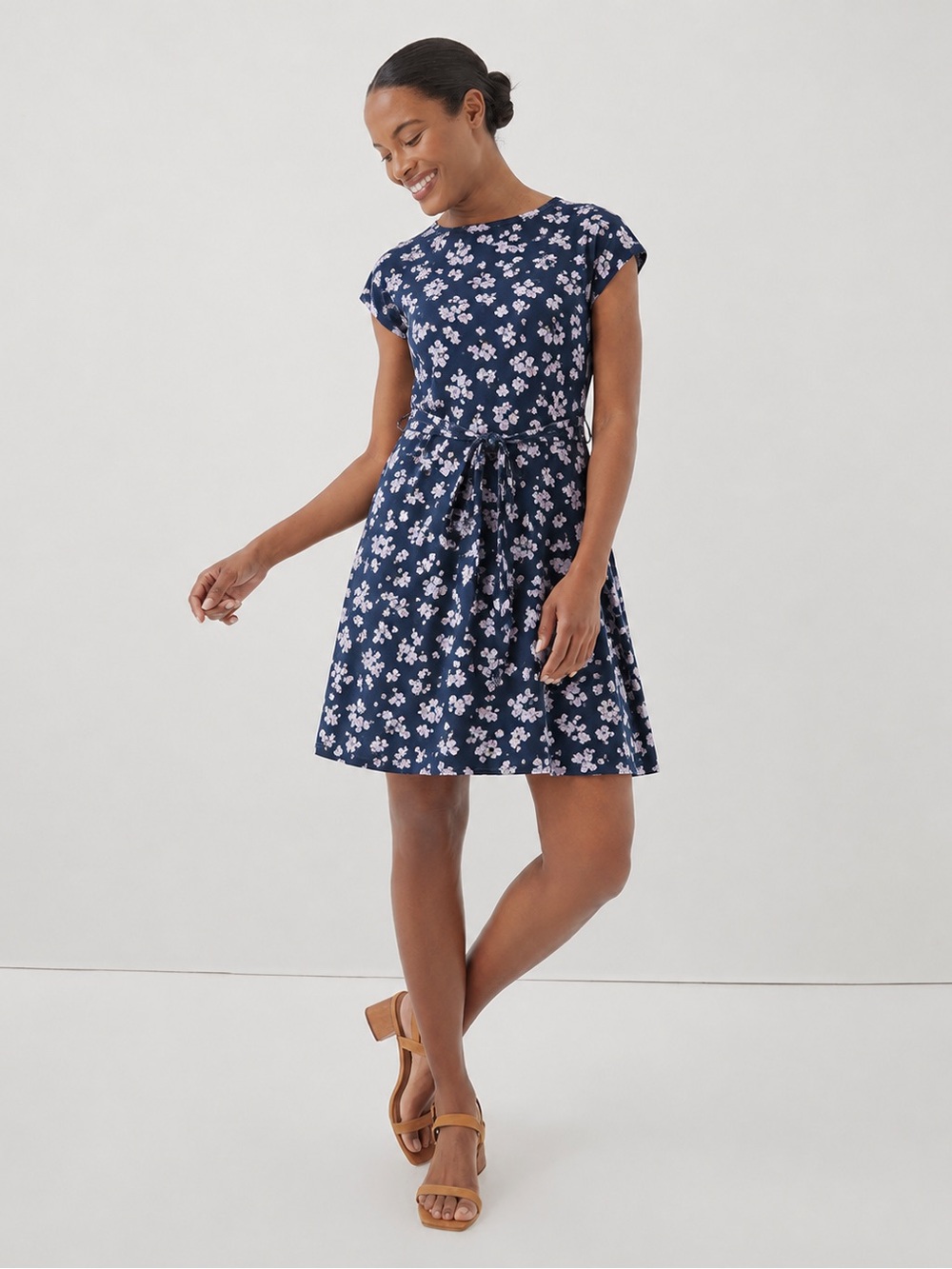Pact Fit & Flare Petal Sleeve Dress Floral Print and Tie Waist Navy Pink Organic